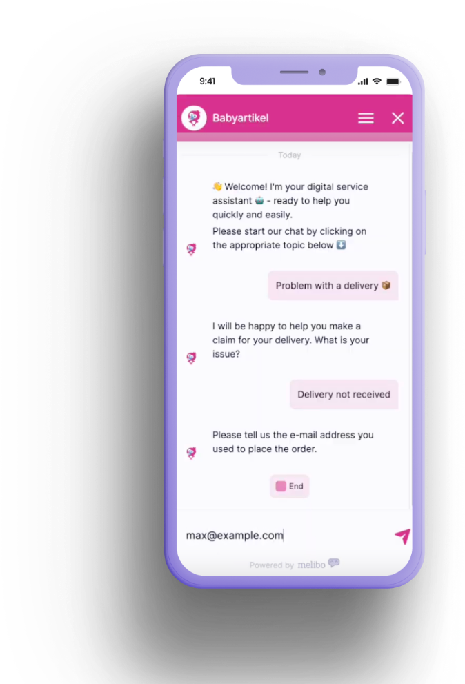 Third-party chat agent mockup on a phone assisting with a delivery claim