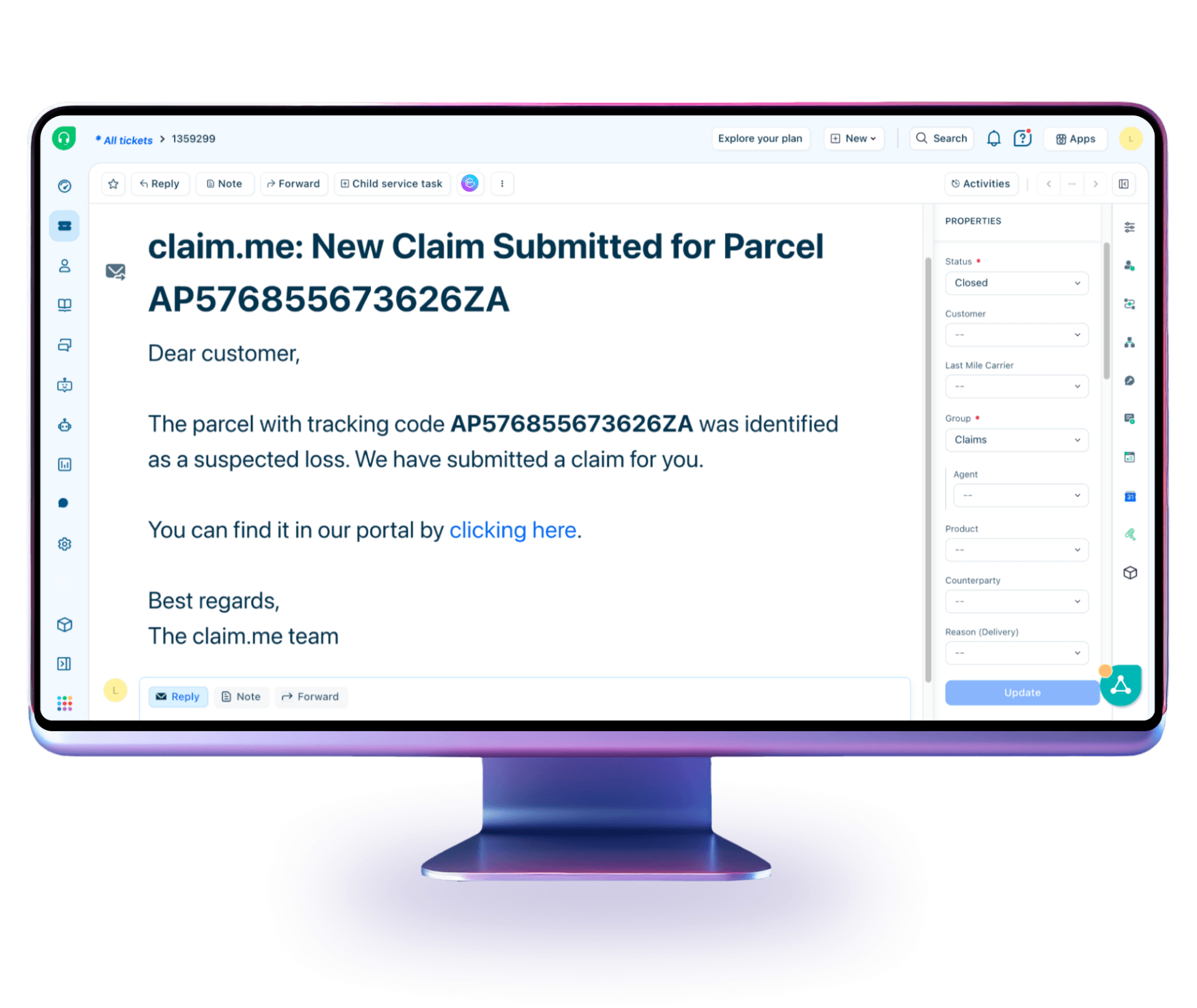 Zendesk ticket showing a claim.me automated claim submission notification